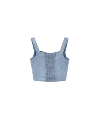 Cooling Jeans Denim Cropped Button Up Top with Stretch Back Detail