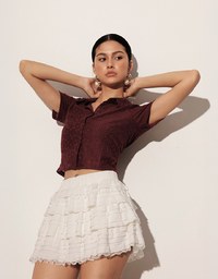 Sheer Floral Embroidered Short Sleeve Shirt and Spaghetti Strap Camisole Set Wear