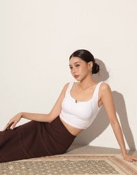 Front V Notch Ribbed Knit Wide Strap Cropped Bra Top