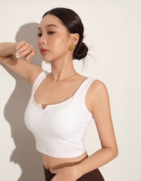 Front V Notch Ribbed Knit Wide Strap Cropped Bra Top