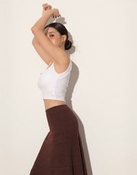 Front V Notch Ribbed Knit Wide Strap Cropped Bra Top