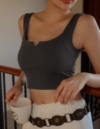 Front V Notch Ribbed Knit Wide Strap Cropped Bra Top