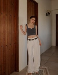 Front V Notch Ribbed Knit Wide Strap Cropped Bra Top