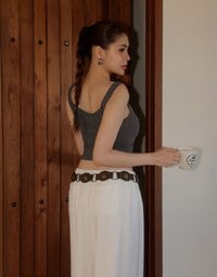 Front V Notch Ribbed Knit Wide Strap Cropped Bra Top