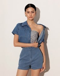 Casual Collared Cropped Jeans Denim Shirt Jacket with Front Flap Pockets