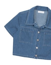 Casual Collared Cropped Jeans Denim Shirt Jacket with Front Flap Pockets