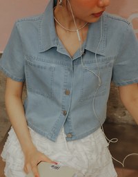 Casual Collared Cropped Jeans Denim Shirt Jacket with Front Flap Pockets