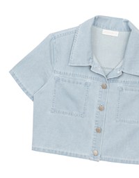 Casual Collared Cropped Jeans Denim Shirt Jacket with Front Flap Pockets