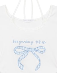 Gingham Bow Embroidery Ribbed Halter Tie Fitted Top