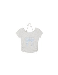 Gingham Bow Embroidery Ribbed Halter Tie Fitted Top