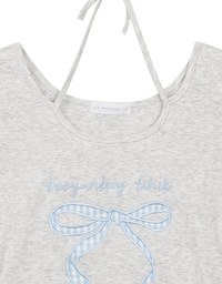 Gingham Bow Embroidery Ribbed Halter Tie Fitted Top