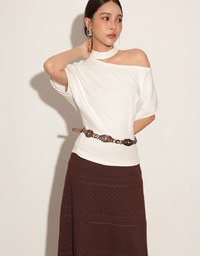 Mock Neck Asymmetric One Shoulder Knit Top with Detachable Pearl Neck Strap