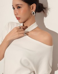 Mock Neck Asymmetric One Shoulder Knit Top with Detachable Pearl Neck Strap