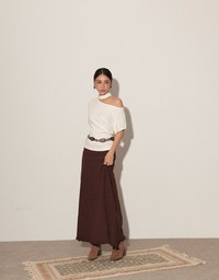 Mock Neck Asymmetric One Shoulder Knit Top with Detachable Pearl Neck Strap