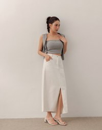 High Waist Jeans Denim Maxi Skirt with Front Slit Detail