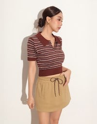 Drawstring Low Waist Cotton Mini Skirt with Side Pockets