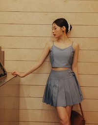 High Waist Pleated A Line Mini Skirt with Double Side Buckle
