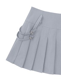 High Waist Pleated A Line Mini Skirt with Double Side Buckle