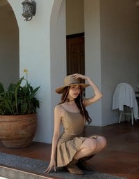 High Waist Pleated A Line Mini Skirt with Double Side Buckle