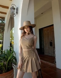 High Waist Pleated A Line Mini Skirt with Double Side Buckle
