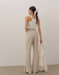 Minimal High Waist Flare Pants with Front Side Slit Detail