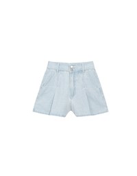 Double Button Pleated High Waist Wide Leg Jeans Denim Shorts with Back Elastic Detail