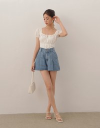 Double Button Pleated High Waist Wide Leg Jeans Denim Shorts with Back Elastic Detail