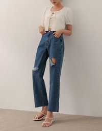 Asymmetric Ripped Frayed Hem Slim Fit Straight Leg Jeans Denim Pants