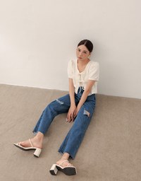 Asymmetric Ripped Frayed Hem Slim Fit Straight Leg Jeans Denim Pants