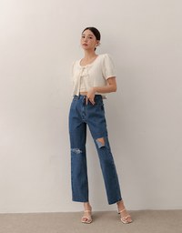 Asymmetric Ripped Frayed Hem Slim Fit Straight Leg Jeans Denim Pants
