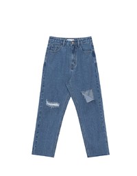 Asymmetric Ripped Frayed Hem Slim Fit Straight Leg Jeans Denim Pants