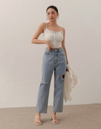 Asymmetric Ripped Frayed Hem Slim Fit Straight Leg Jeans Denim Pants