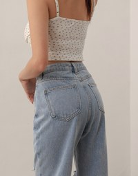 Asymmetric Ripped Frayed Hem Slim Fit Straight Leg Jeans Denim Pants