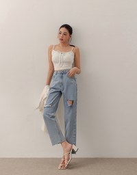Asymmetric Ripped Frayed Hem Slim Fit Straight Leg Jeans Denim Pants