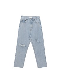 Asymmetric Ripped Frayed Hem Slim Fit Straight Leg Jeans Denim Pants