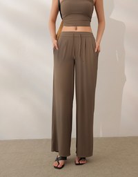 Cooling Fabric Front Pleated Wide Leg Pants with Drawstring Detail
