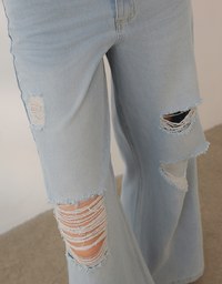 Raw Hem Distressed Detailed Wide Jeans Denim Pants with Belt