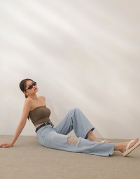 Raw Hem Distressed Detailed Wide Jeans Denim Pants with Belt