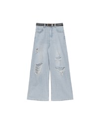 Raw Hem Distressed Detailed Wide Jeans Denim Pants with Belt