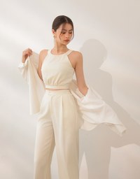 細格紋單釦打褶長褲