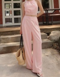 Textured Check High Waist Wide Leg Pleated Trousers