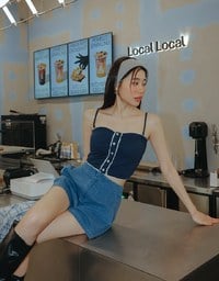 High Waist Clean Cut Jeans Denim Shorts with Front Seam Detail
