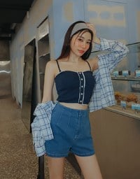 High Waist Clean Cut Jeans Denim Shorts with Front Seam Detail