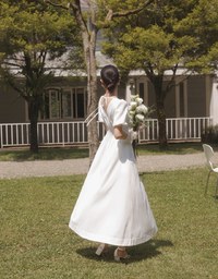 V Neck Button Front Puff Sleeve Flared Hem Maxi Dress