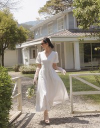 V Neck Button Front Puff Sleeve Flared Hem Maxi Dress