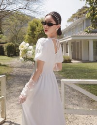 V Neck Button Front Puff Sleeve Flared Hem Maxi Dress