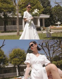 V Neck Button Front Puff Sleeve Flared Hem Maxi Dress