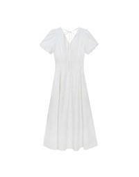 V Neck Button Front Puff Sleeve Flared Hem Maxi Dress
