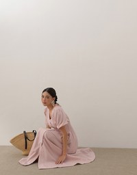 V Neck Button Front Puff Sleeve Flared Hem Maxi Dress