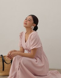 V Neck Button Front Puff Sleeve Flared Hem Maxi Dress